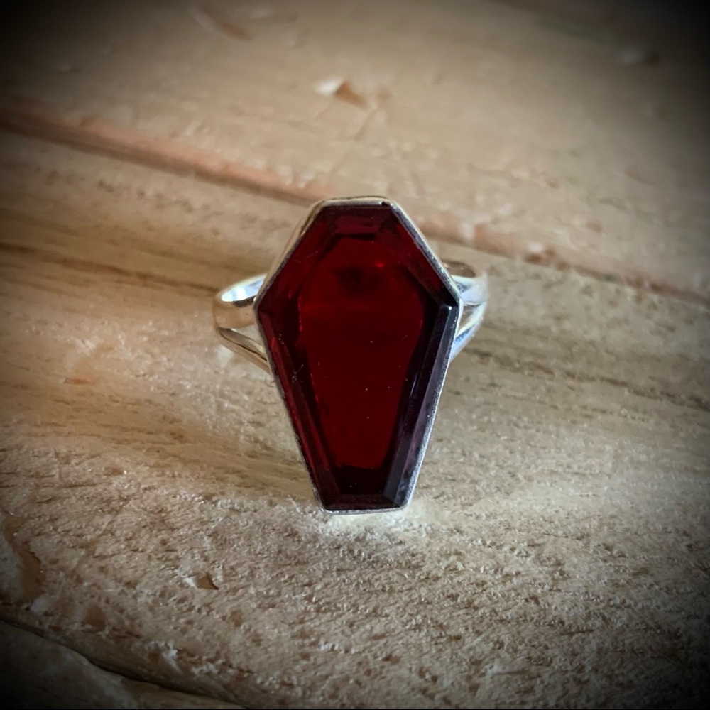 Blood red coffin silver ring handmade goth vampire - Picture 3 of 13